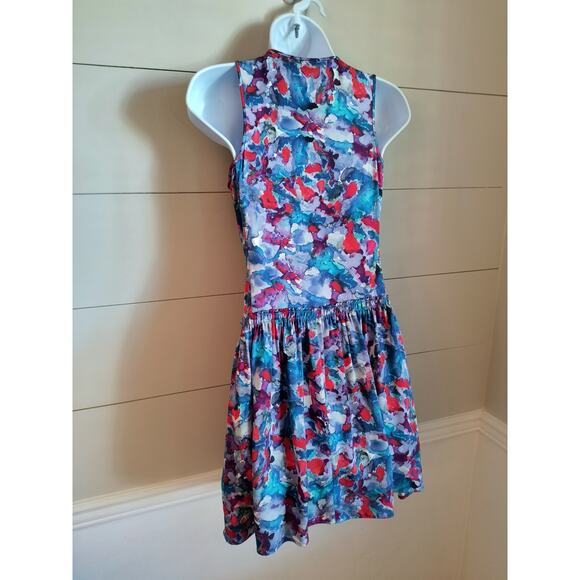 Theory Silk Watercolor Mini Dress Women's Size 0 Blue Sleeveless Side Pockets - Picture 15 of 16